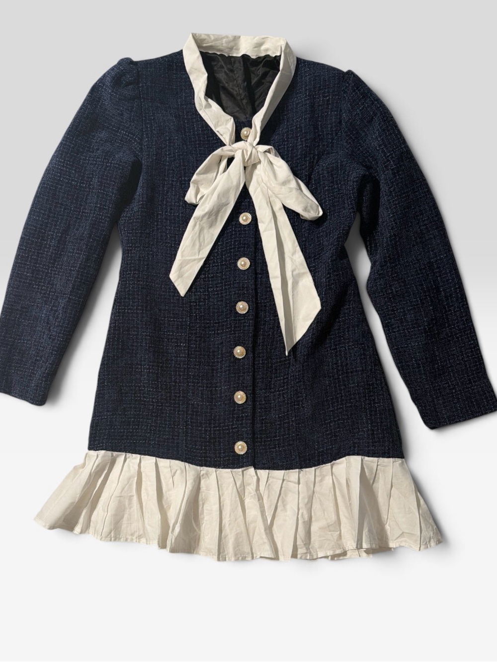 Commense Women's Navy Tweed Dress with White Bow Collar - Picture 6 of 6